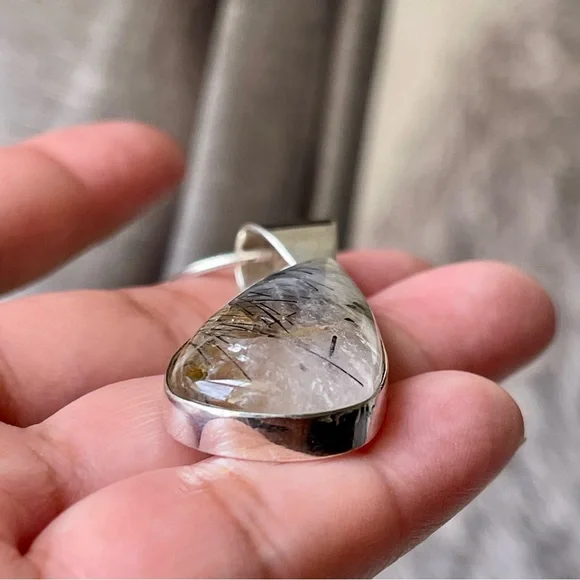 Black Rutilated Quartz Tear Drop Pendant 925 Sterling Silver 19" Necklace Chain - Picture 4 of 15